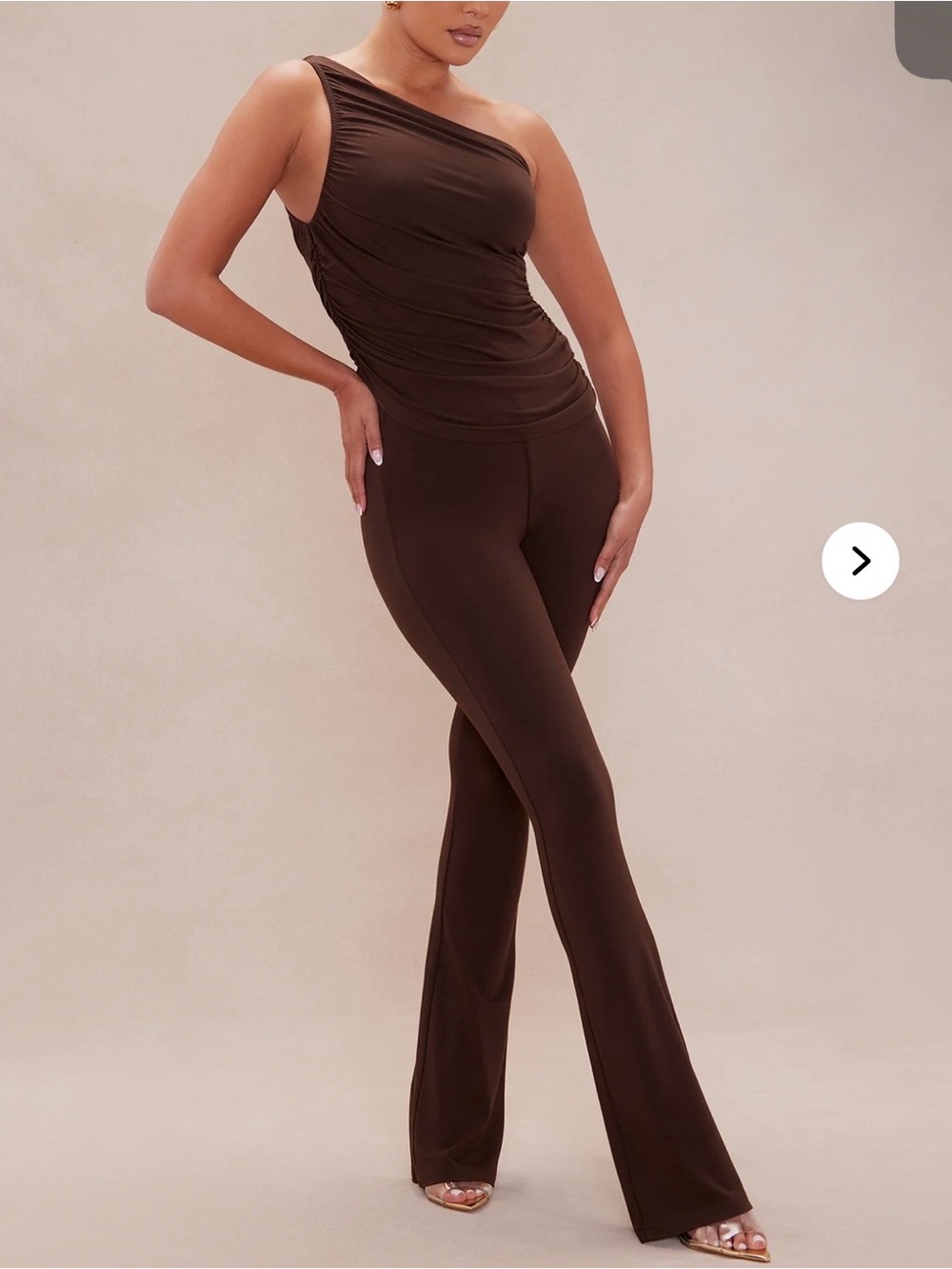 Asymmetrical One-Shoulder Brown Top and Flare Pants Two-Piece Set